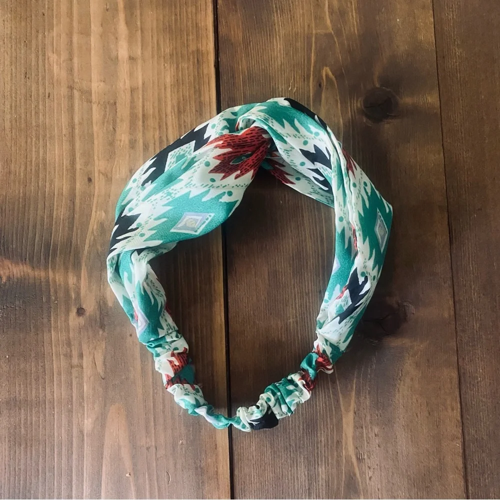 Aztec print green knot headband